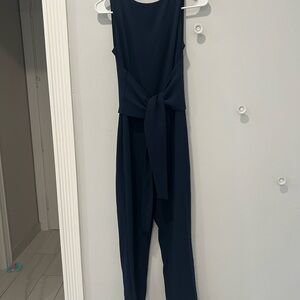 Tahari Blue Jumpsuit with Belted Waist and Tapered Legs